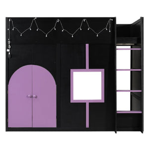 English Elm Full Size House Loft Bed Pinewood Frame with LED Strip Doors and Window Kids Bedroom Black LT000485AAB