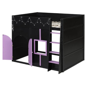 English Elm Full Size House Loft Bed Pinewood Frame with LED Strip Doors and Window Kids Bedroom Black LT000485AAB