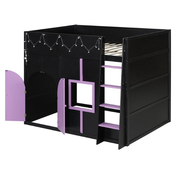 English Elm Full Size House Loft Bed Pinewood Frame with LED Strip Doors and Window Kids Bedroom Black LT000485AAB