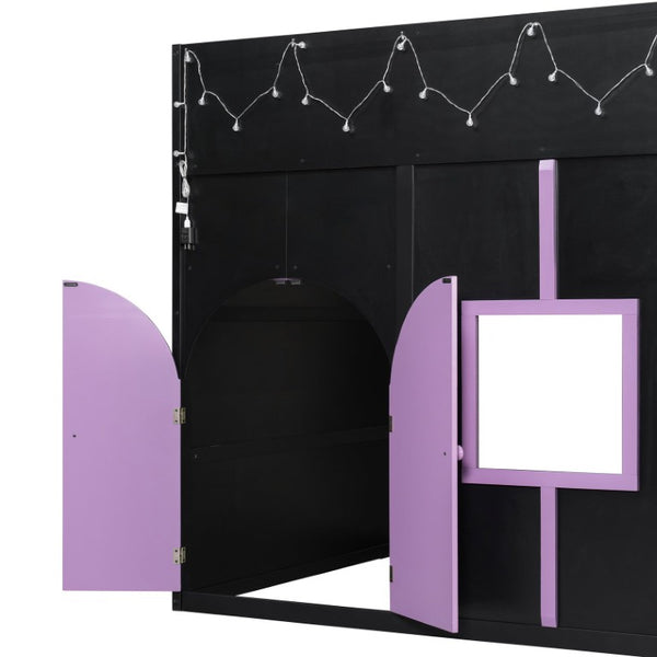 English Elm Full Size House Loft Bed Pinewood Frame with LED Strip Doors and Window Kids Bedroom Black LT000485AAB