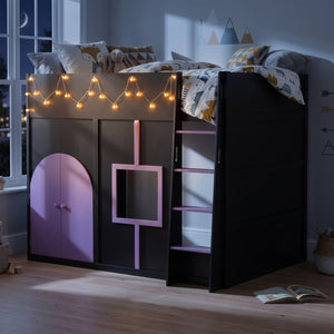 English Elm Full Size House Loft Bed Pinewood Frame with LED Strip Doors and Window Kids Bedroom Black LT000485AAB