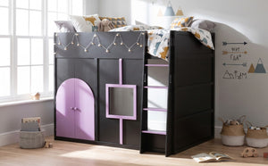 English Elm Full Size House Loft Bed Pinewood Frame with LED Strip Doors and Window Kids Bedroom Black LT000485AAB