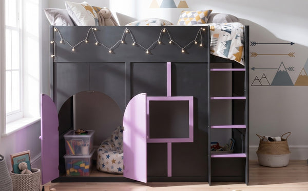 English Elm Full Size House Loft Bed Pinewood Frame with LED Strip Doors and Window Kids Bedroom Black LT000485AAB