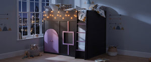 English Elm Full Size House Loft Bed Pinewood Frame with LED Strip Doors and Window Kids Bedroom Black LT000485AAB