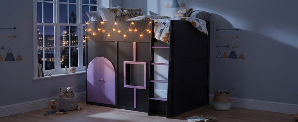 English Elm Full Size House Loft Bed Pinewood Frame with LED Strip Doors and Window Kids Bedroom Black LT000485AAB