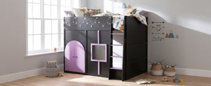 English Elm Full Size House Loft Bed Pinewood Frame with LED Strip Doors and Window Kids Bedroom Black LT000485AAB