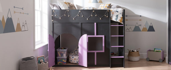 English Elm Full Size House Loft Bed Pinewood Frame with LED Strip Doors and Window Kids Bedroom Black LT000485AAB