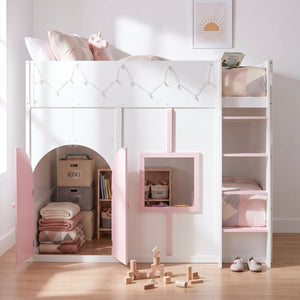 English Elm Full Size House Loft Bed Pinewood Frame with LED Strip Doors and Window Kids Bedroom White LT000485AAK