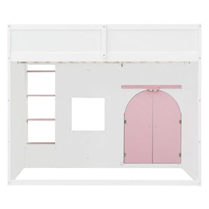 English Elm Full Size House Loft Bed Pinewood Frame with LED Strip Doors and Window Kids Bedroom White LT000485AAK