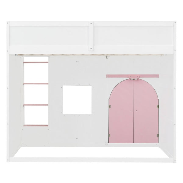 English Elm Full Size House Loft Bed Pinewood Frame with LED Strip Doors and Window Kids Bedroom White LT000485AAK