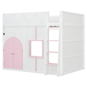 English Elm Full Size House Loft Bed Pinewood Frame with LED Strip Doors and Window Kids Bedroom White LT000485AAK