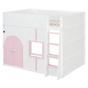 English Elm Full Size House Loft Bed Pinewood Frame with LED Strip Doors and Window Kids Bedroom White LT000485AAK