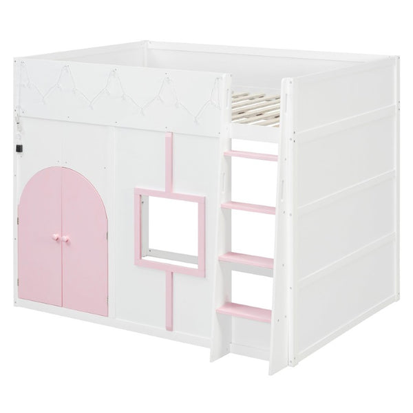 English Elm Full Size House Loft Bed Pinewood Frame with LED Strip Doors and Window Kids Bedroom White LT000485AAK