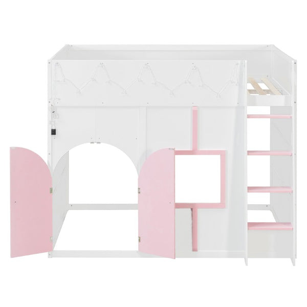 English Elm Full Size House Loft Bed Pinewood Frame with LED Strip Doors and Window Kids Bedroom White LT000485AAK