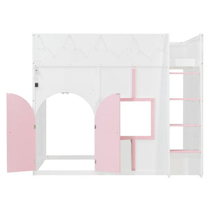 English Elm Full Size House Loft Bed Pinewood Frame with LED Strip Doors and Window Kids Bedroom White LT000485AAK
