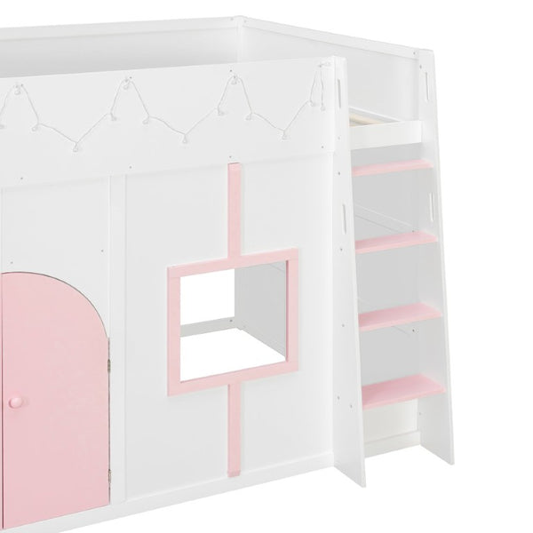 English Elm Full Size House Loft Bed Pinewood Frame with LED Strip Doors and Window Kids Bedroom White LT000485AAK