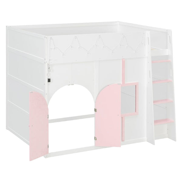 English Elm Full Size House Loft Bed Pinewood Frame with LED Strip Doors and Window Kids Bedroom White LT000485AAK