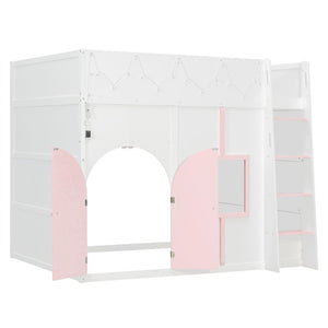 English Elm Full Size House Loft Bed Pinewood Frame with LED Strip Doors and Window Kids Bedroom White LT000485AAK