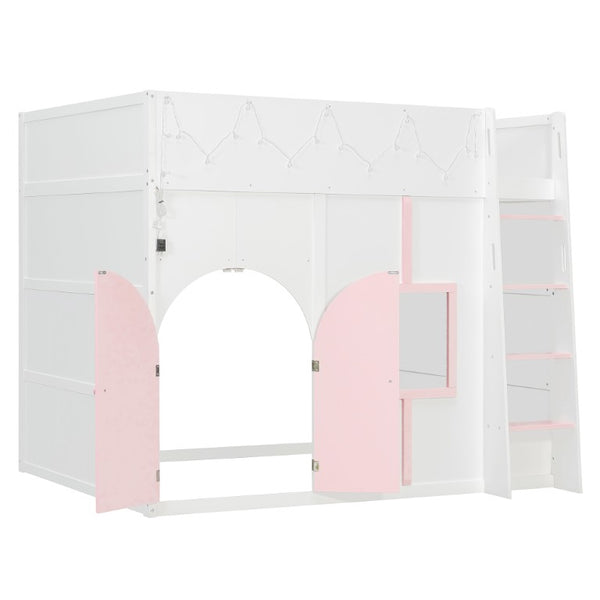 English Elm Full Size House Loft Bed Pinewood Frame with LED Strip Doors and Window Kids Bedroom White LT000485AAK