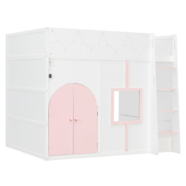 English Elm Full Size House Loft Bed Pinewood Frame with LED Strip Doors and Window Kids Bedroom White LT000485AAK