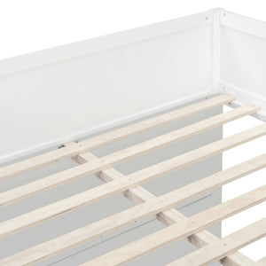 English Elm Full Size House Loft Bed Pinewood Frame with LED Strip Doors and Window Kids Bedroom White LT000485AAK