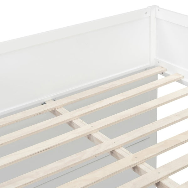 English Elm Full Size House Loft Bed Pinewood Frame with LED Strip Doors and Window Kids Bedroom White LT000485AAK