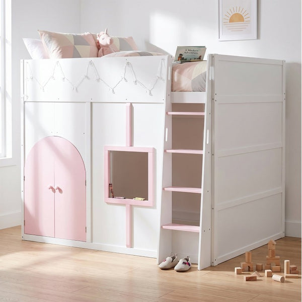 English Elm Full Size House Loft Bed Pinewood Frame with LED Strip Doors and Window Kids Bedroom White LT000485AAK