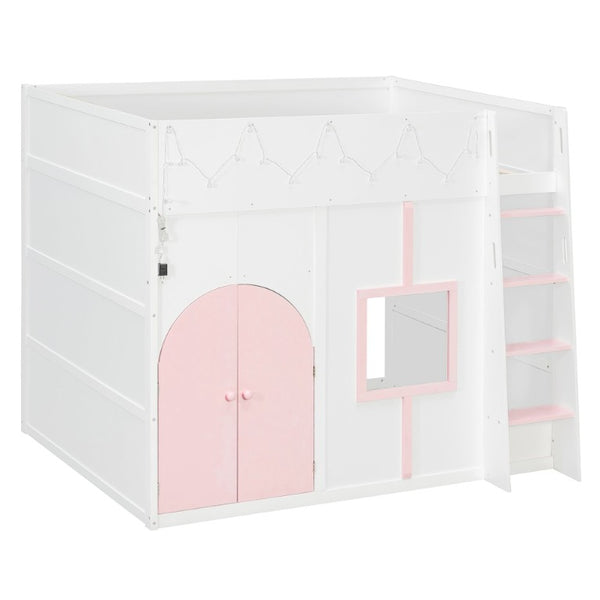 English Elm Full Size House Loft Bed Pinewood Frame with LED Strip Doors and Window Kids Bedroom White LT000485AAK