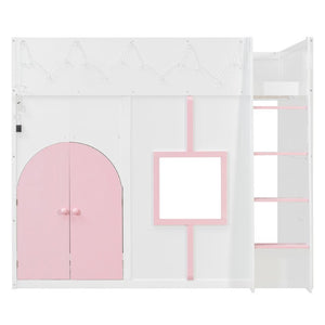 English Elm Full Size House Loft Bed Pinewood Frame with LED Strip Doors and Window Kids Bedroom White LT000485AAK