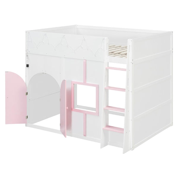 English Elm Full Size House Loft Bed Pinewood Frame with LED Strip Doors and Window Kids Bedroom White LT000485AAK
