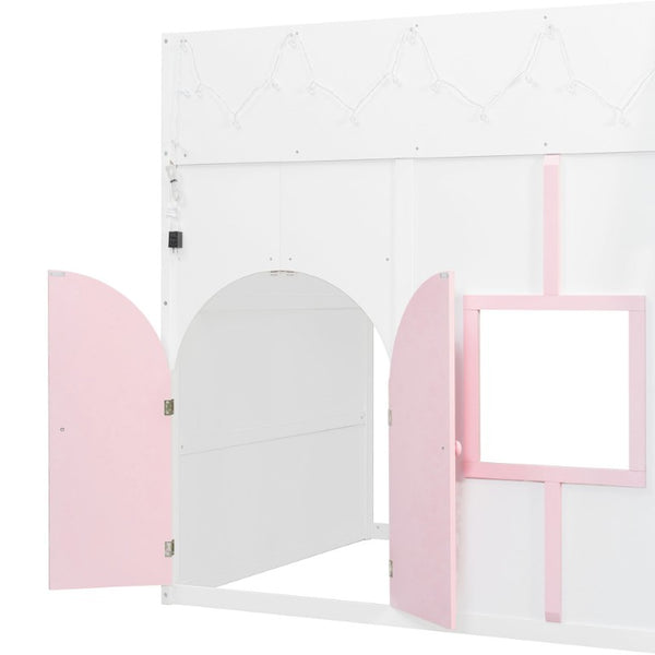 English Elm Full Size House Loft Bed Pinewood Frame with LED Strip Doors and Window Kids Bedroom White LT000485AAK