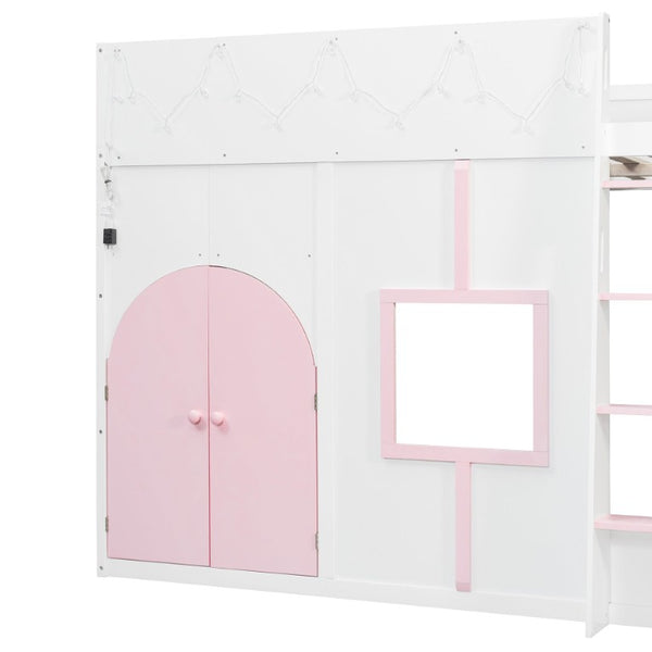 English Elm Full Size House Loft Bed Pinewood Frame with LED Strip Doors and Window Kids Bedroom White LT000485AAK