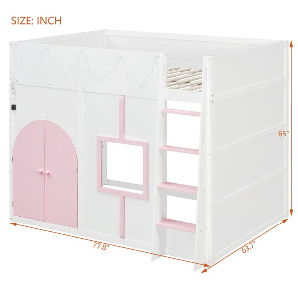 English Elm Full Size House Loft Bed Pinewood Frame with LED Strip Doors and Window Kids Bedroom White LT000485AAK