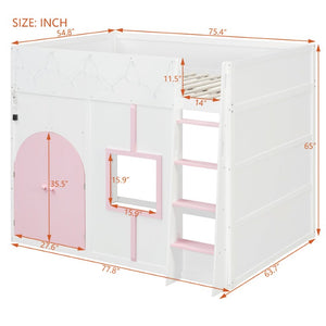 English Elm Full Size House Loft Bed Pinewood Frame with LED Strip Doors and Window Kids Bedroom White LT000485AAK