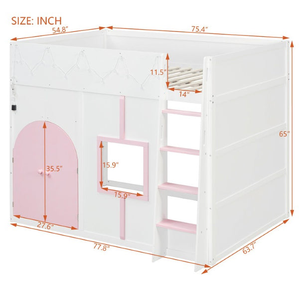 English Elm Full Size House Loft Bed Pinewood Frame with LED Strip Doors and Window Kids Bedroom White LT000485AAK