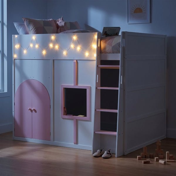English Elm Full Size House Loft Bed Pinewood Frame with LED Strip Doors and Window Kids Bedroom White LT000485AAK