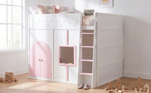 English Elm Full Size House Loft Bed Pinewood Frame with LED Strip Doors and Window Kids Bedroom White LT000485AAK