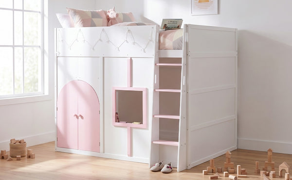 English Elm Full Size House Loft Bed Pinewood Frame with LED Strip Doors and Window Kids Bedroom White LT000485AAK
