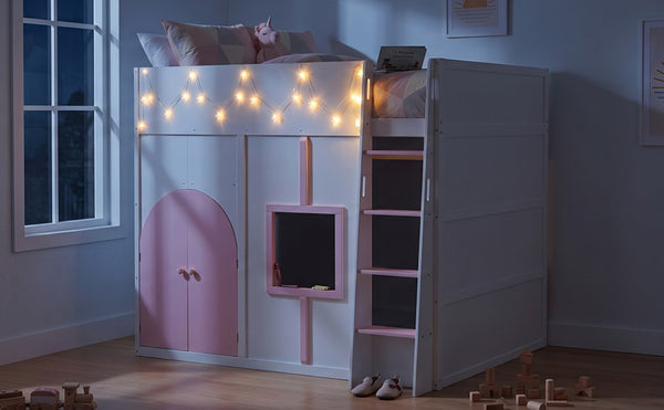 English Elm Full Size House Loft Bed Pinewood Frame with LED Strip Doors and Window Kids Bedroom White LT000485AAK