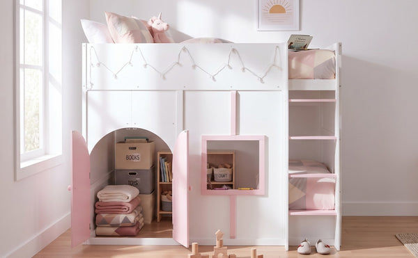 English Elm Full Size House Loft Bed Pinewood Frame with LED Strip Doors and Window Kids Bedroom White LT000485AAK