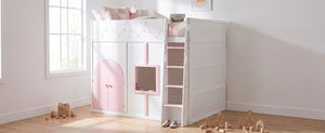 English Elm Full Size House Loft Bed Pinewood Frame with LED Strip Doors and Window Kids Bedroom White LT000485AAK