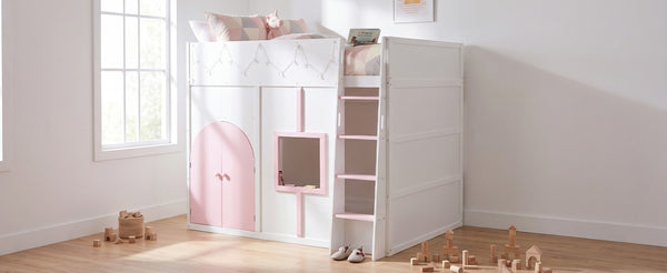 English Elm Full Size House Loft Bed Pinewood Frame with LED Strip Doors and Window Kids Bedroom White LT000485AAK