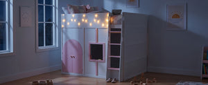 English Elm Full Size House Loft Bed Pinewood Frame with LED Strip Doors and Window Kids Bedroom White LT000485AAK