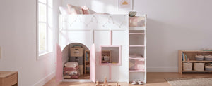 English Elm Full Size House Loft Bed Pinewood Frame with LED Strip Doors and Window Kids Bedroom White LT000485AAK