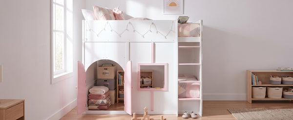 English Elm Full Size House Loft Bed Pinewood Frame with LED Strip Doors and Window Kids Bedroom White LT000485AAK