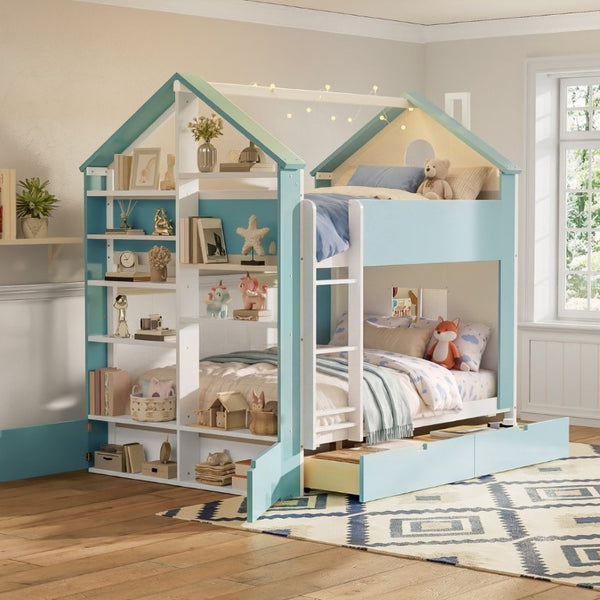 English Elm Full Size Bunk Bed with LED Lighting Storage Drawers and Shelves for Kids Bedroom White+Blue LT000626AAC