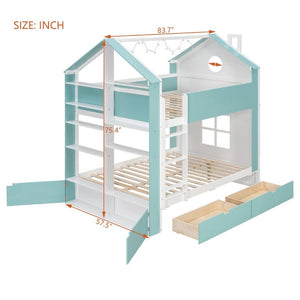 English Elm Full Size Bunk Bed with LED Lighting Storage Drawers and Shelves for Kids Bedroom White+Blue LT000626AAC