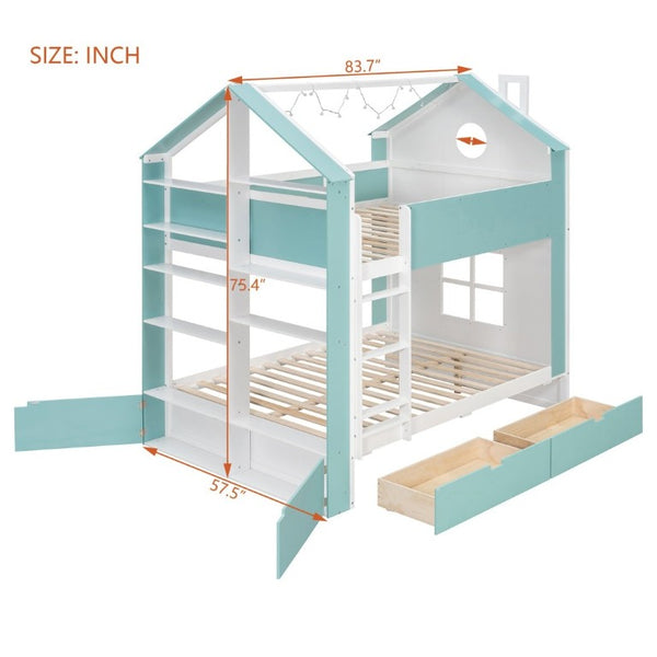 English Elm Full Size Bunk Bed with LED Lighting Storage Drawers and Shelves for Kids Bedroom White+Blue LT000626AAC