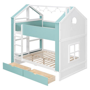 English Elm Full Size Bunk Bed with LED Lighting Storage Drawers and Shelves for Kids Bedroom White+Blue LT000626AAC