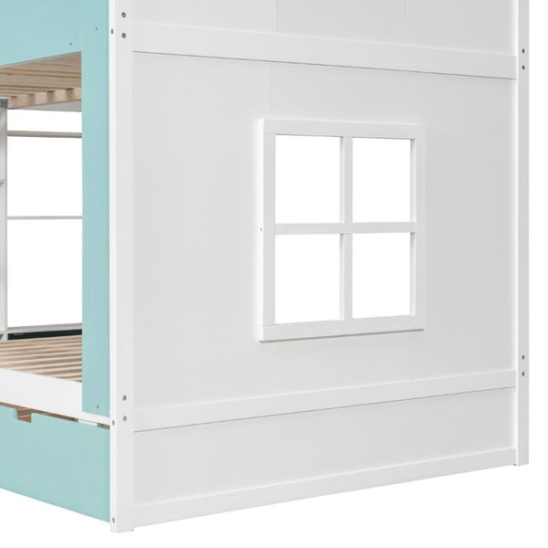 English Elm Full Size Bunk Bed with LED Lighting Storage Drawers and Shelves for Kids Bedroom White+Blue LT000626AAC